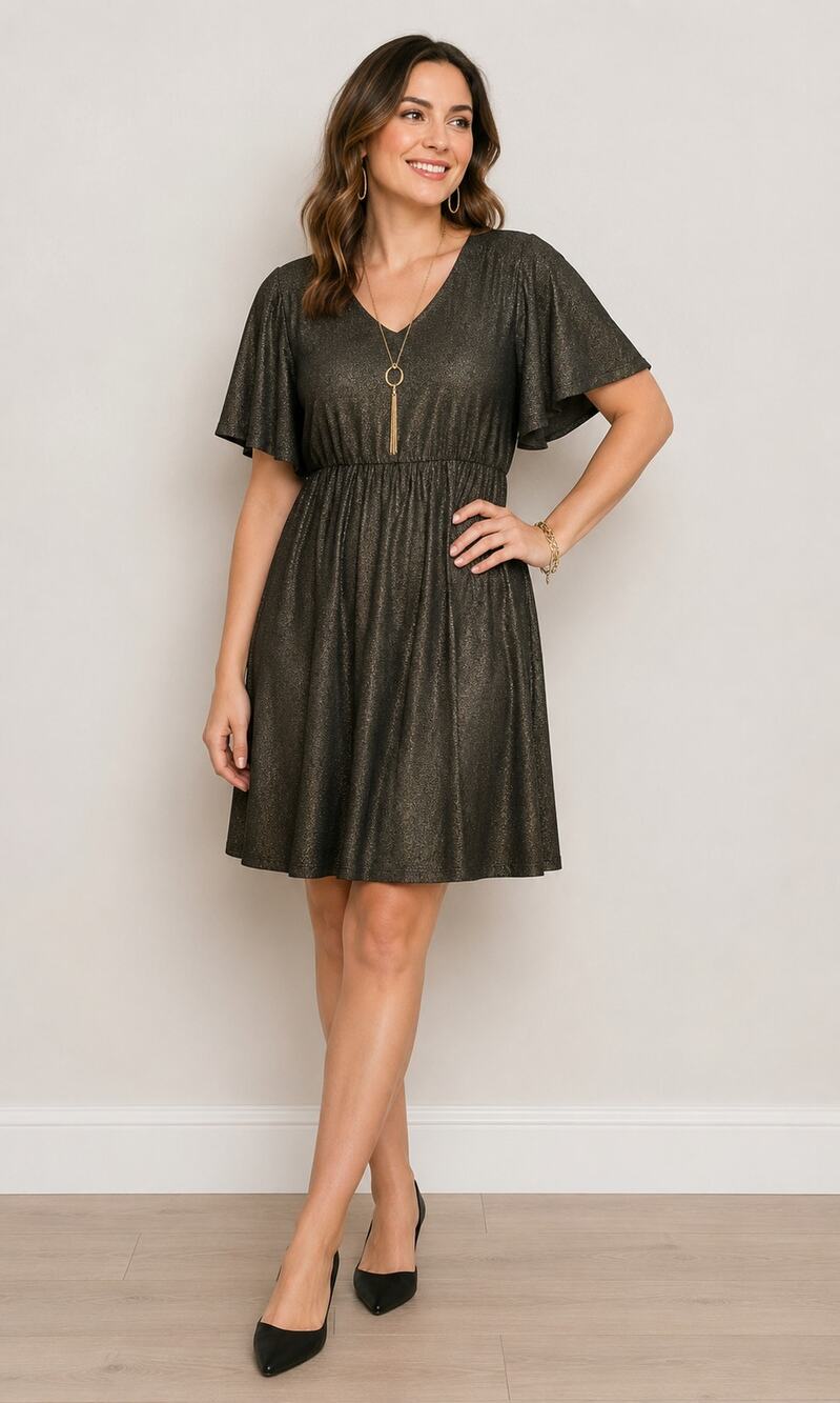 Torrid Gold Shimmer V Neck Skater Dress Size 00 Medium Flutter Sleeves